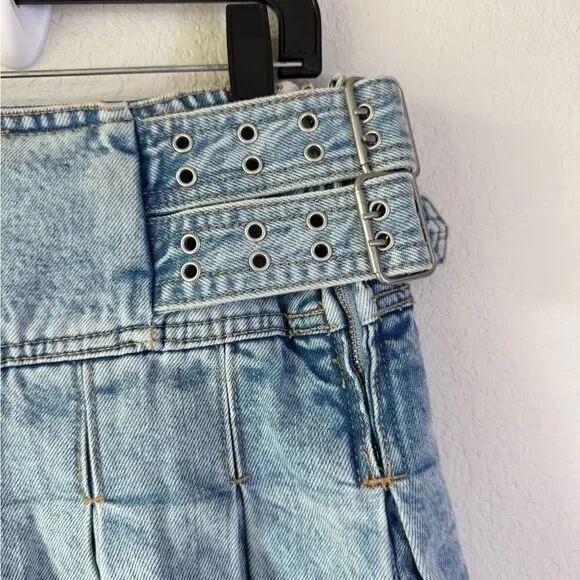 Pull&Bear Pleated Denim Mini Skirt Double Buckle Belt Women’s‎ Sz M Y2K Clueless - Picture 5 of 8